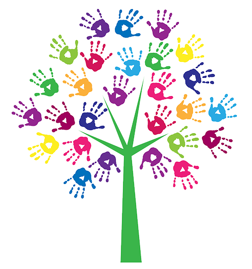 Graphic of a tree with colourful hands for leaves